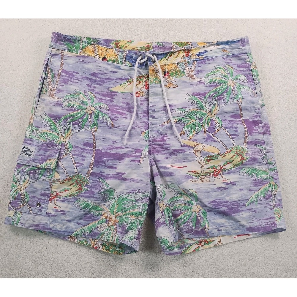 VTG POLO Ralph Lauren Swim Trunks Men's XL Cotton Blend‎ Hawaiian Surf Beach EUC